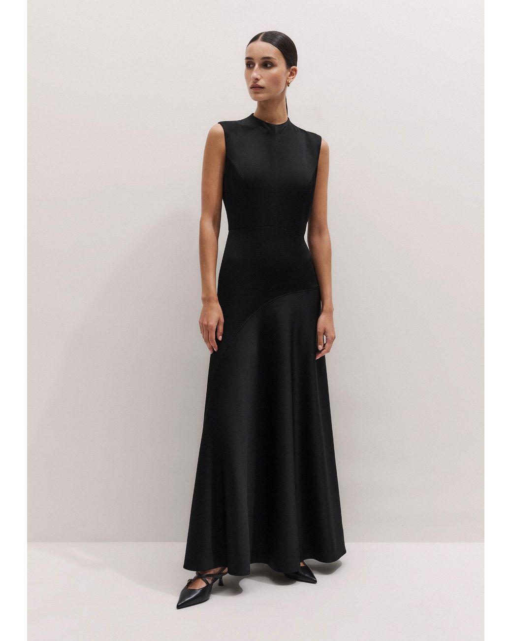 ME+EM Blue Satin Colour Tipping Bias Cut Full Length Dress + Belt-Cream