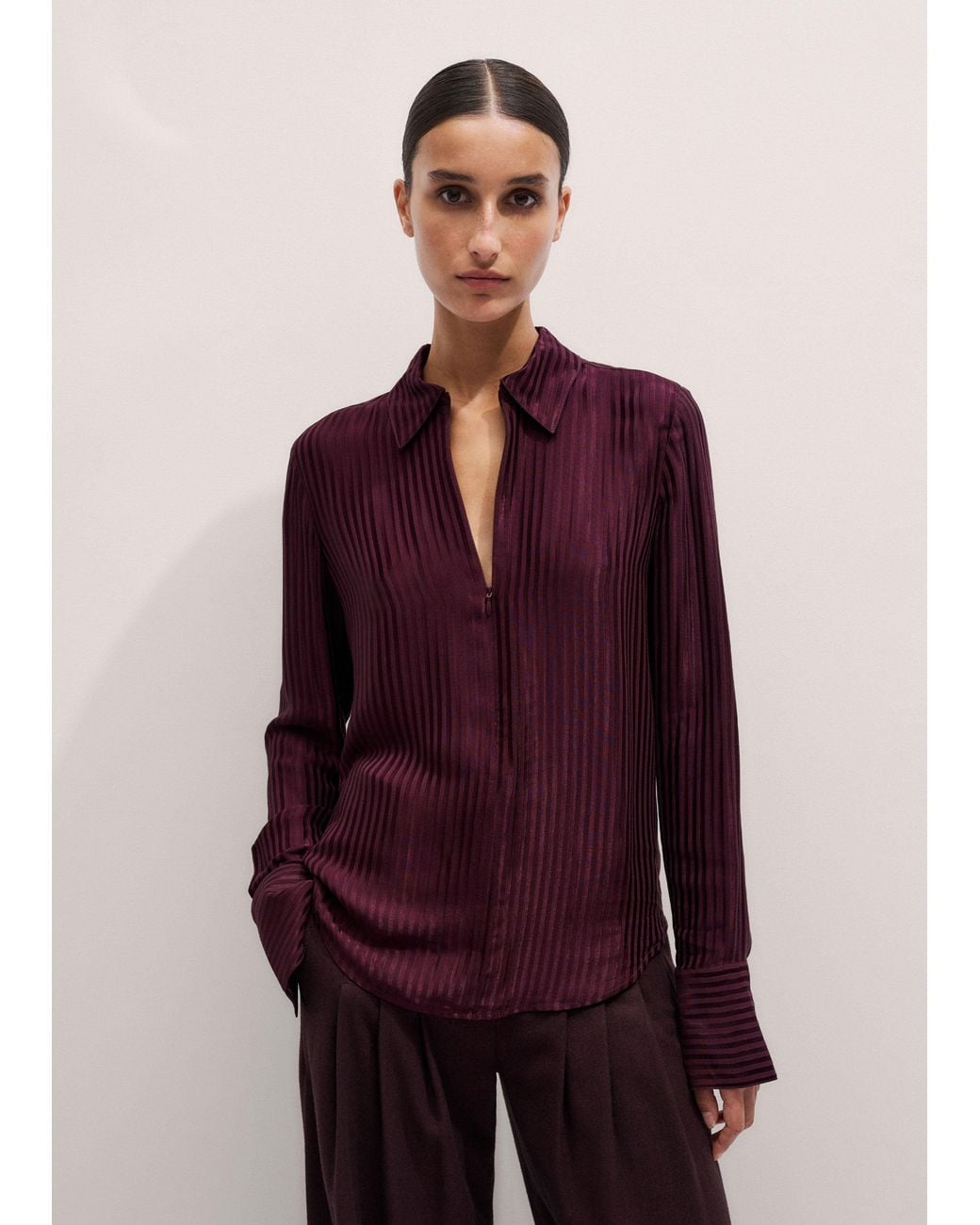 ME+EM Purple Am-Pm Stripe Fluid Satin Shirt + Tie