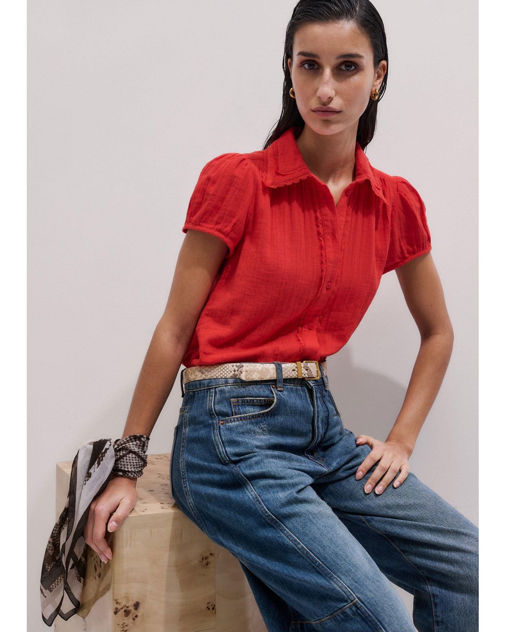 ME+EM Red Cheesecloth Cap-Sleeve Blouse