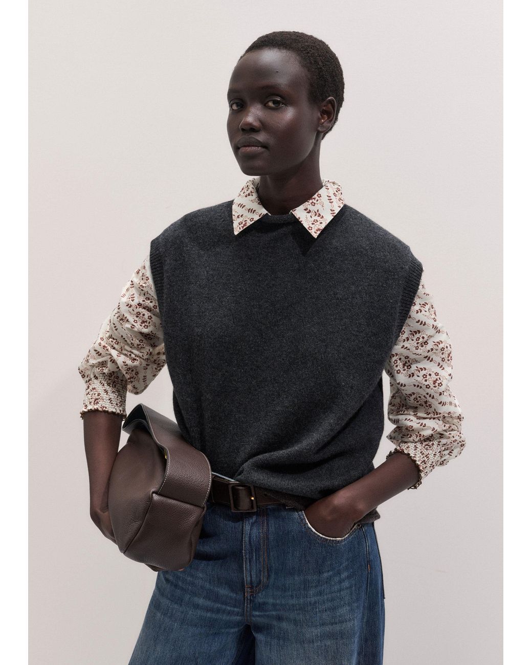 ME+EM Brown Diagonal Floral Print Silk Cotton Blouse