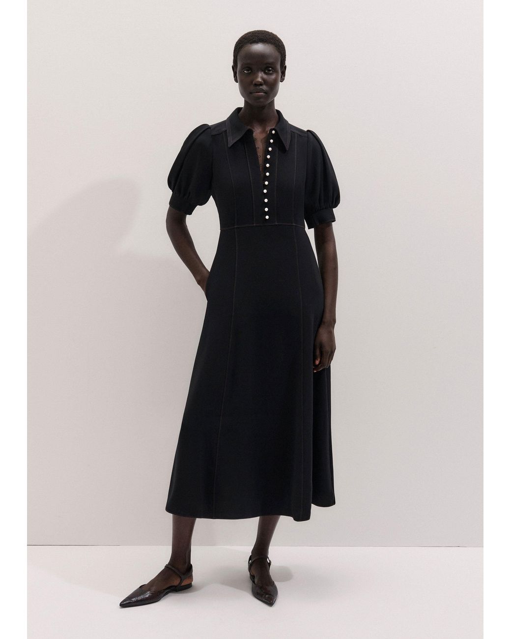 ME+EM Black Contrast Stitch Fit And Flare Midi Shirt Dress