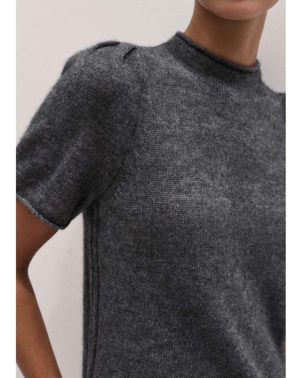 ME+EM Gray Merino Cashmere Silk Pouf Sleeve Knit Tee Mid Melange