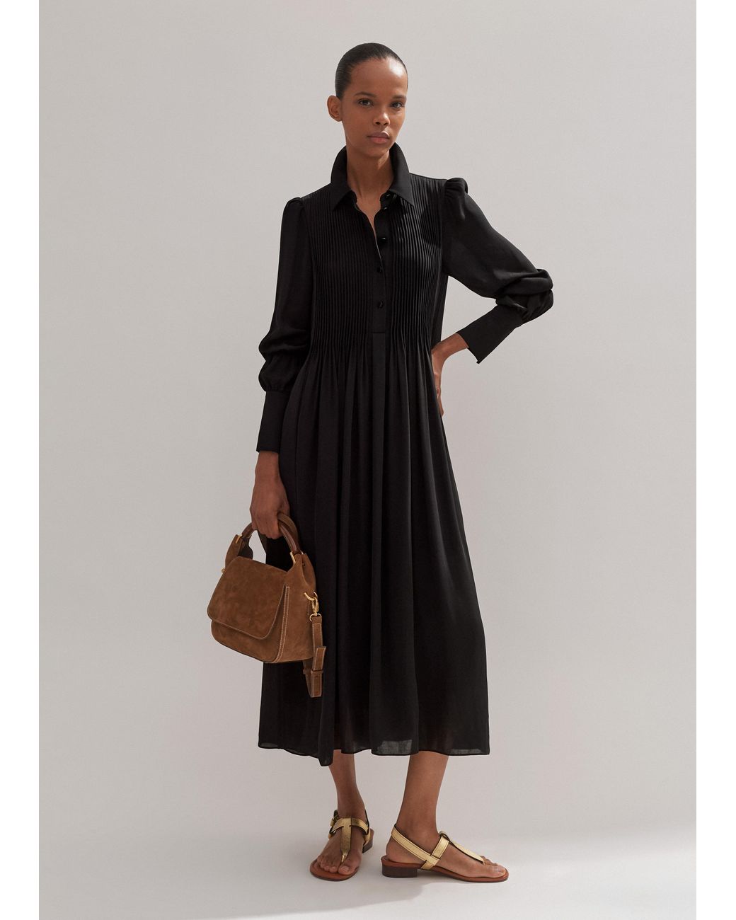 Metal Button Belted Pleated Shirt Dress