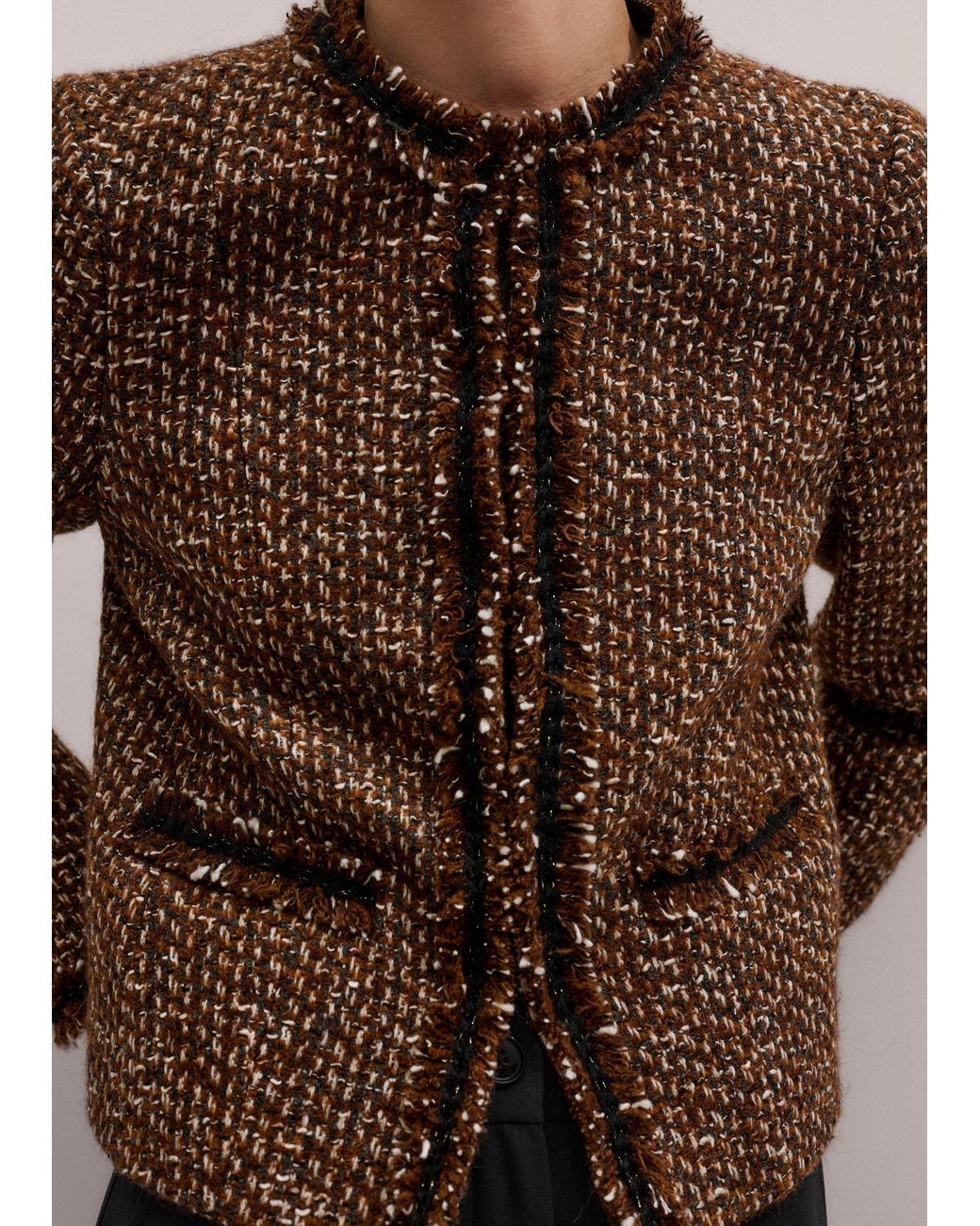 ME+EM Brown Slim Tweed Fringed Jacket