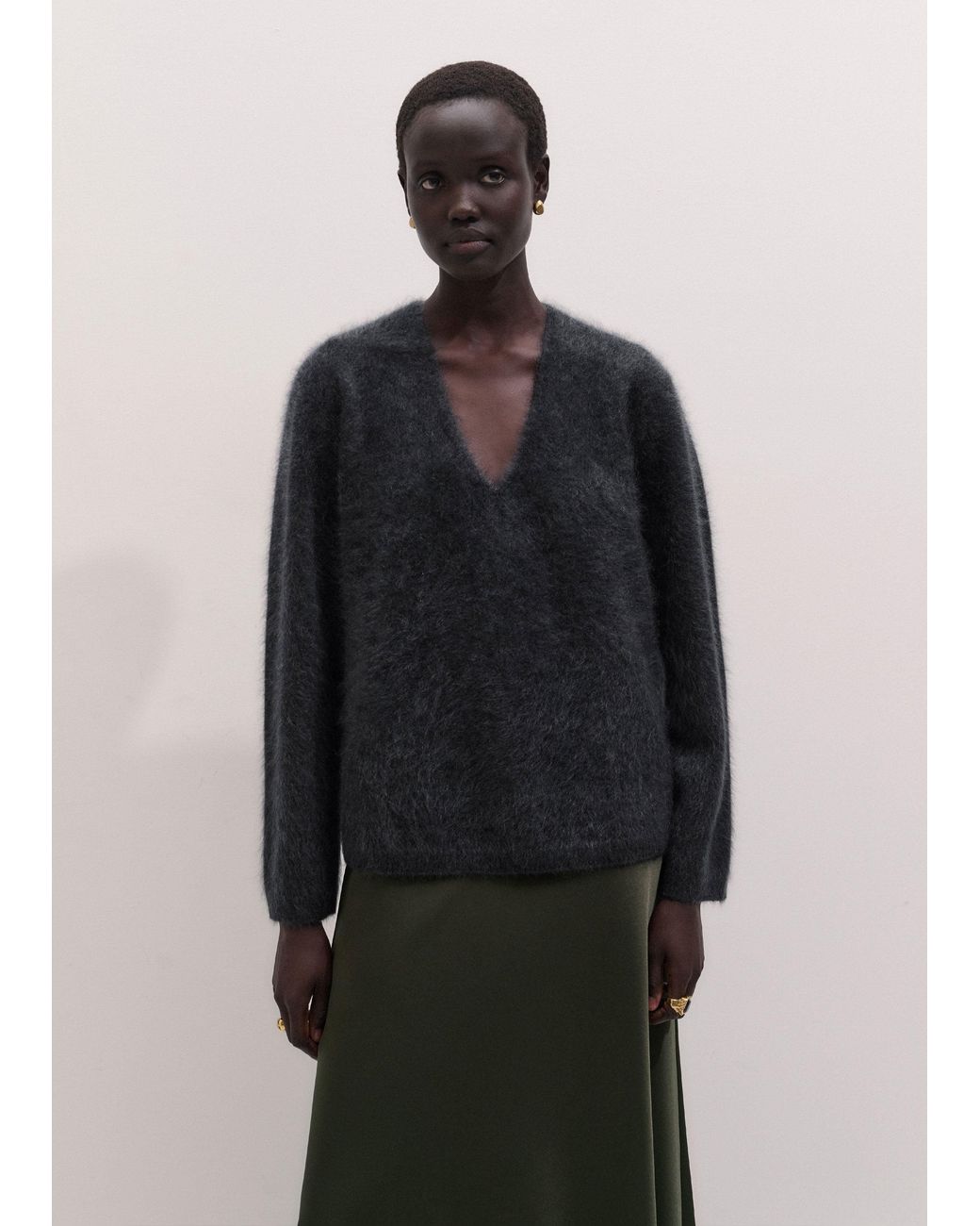 ME+EM Blue Brushed Cashmere Relaxed V Neck Jumper Charcoal Melange