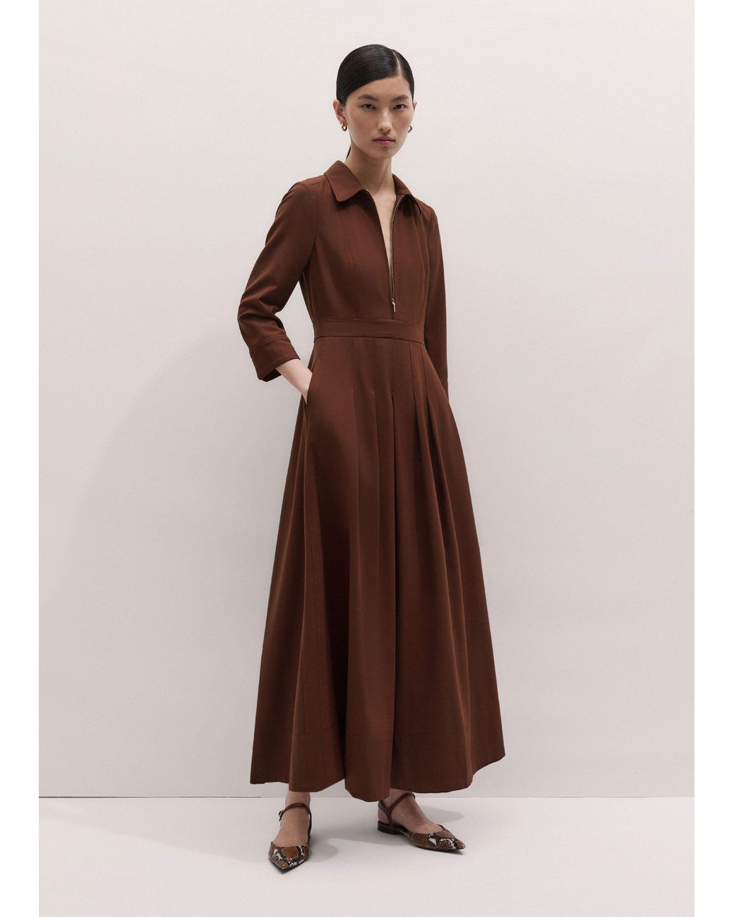 ME+EM Brown Fit And Flare Maxi Shirt Dress