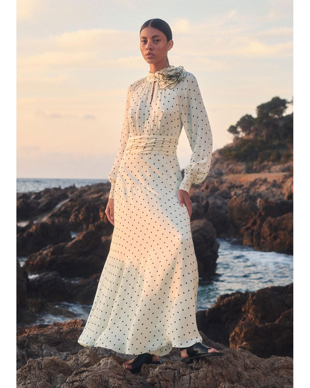 ME+EM Silk Polka Dot Maxi Dress + Corsage in Natural | Lyst