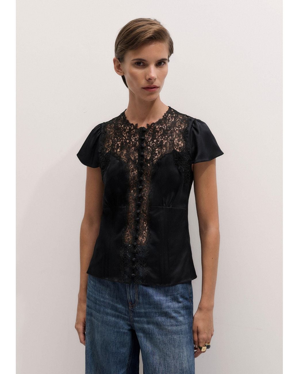 ME+EM Black Silk Satin And Lace Cap Sleeve Top