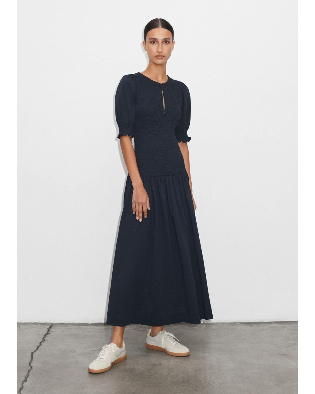 slub jersey smock bodice maxi dress Women's Blue Slub Jersey Smock Bodice Maxi Dress