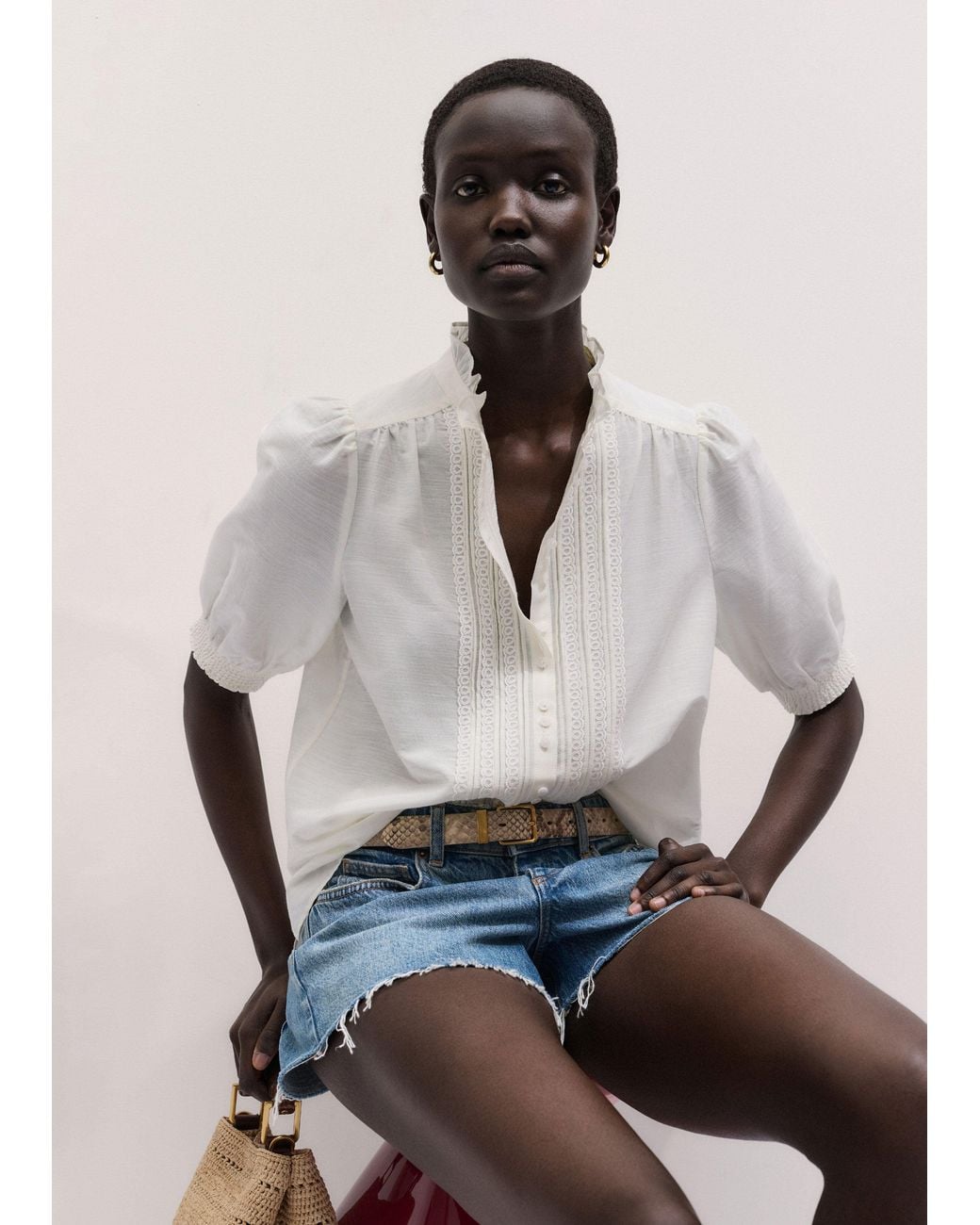 ME+EM Multicolor Silk Cotton Trim & Pintuck Detail Straight Blouse