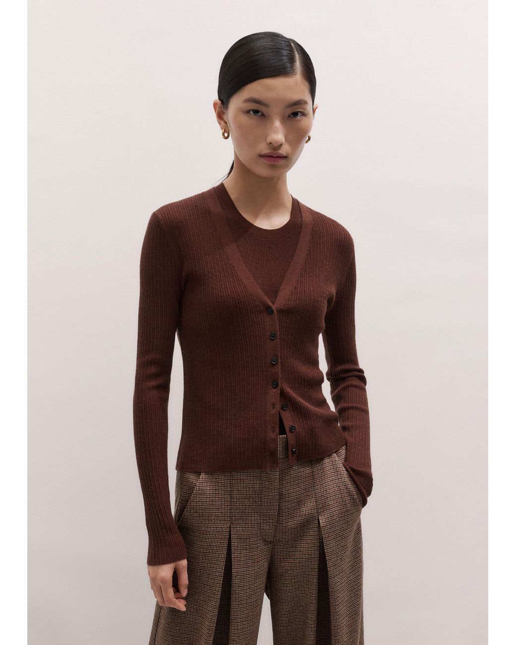 ME+EM Brown Barely There V Neck Slim Cardigan