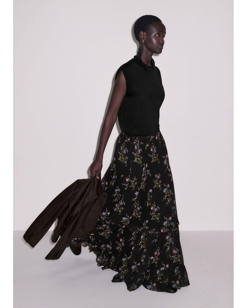 ME+EM Black Wild Winter Floral Print Full Length Skirt