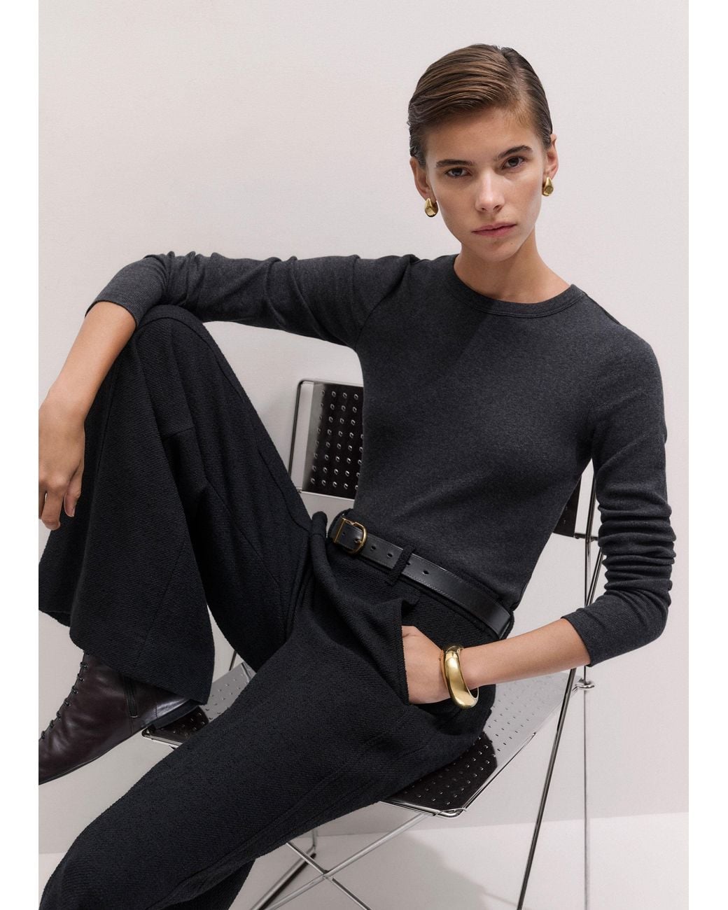 ME+EM Black Ultimate Rib Long Sleeve Top Charcoal Melange