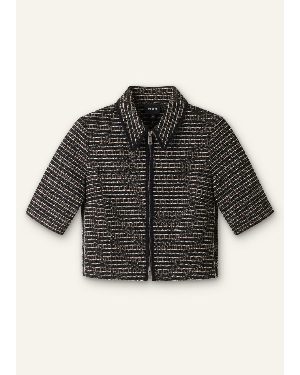 ME+EM Black Stripe Tweed Zip-Front Top