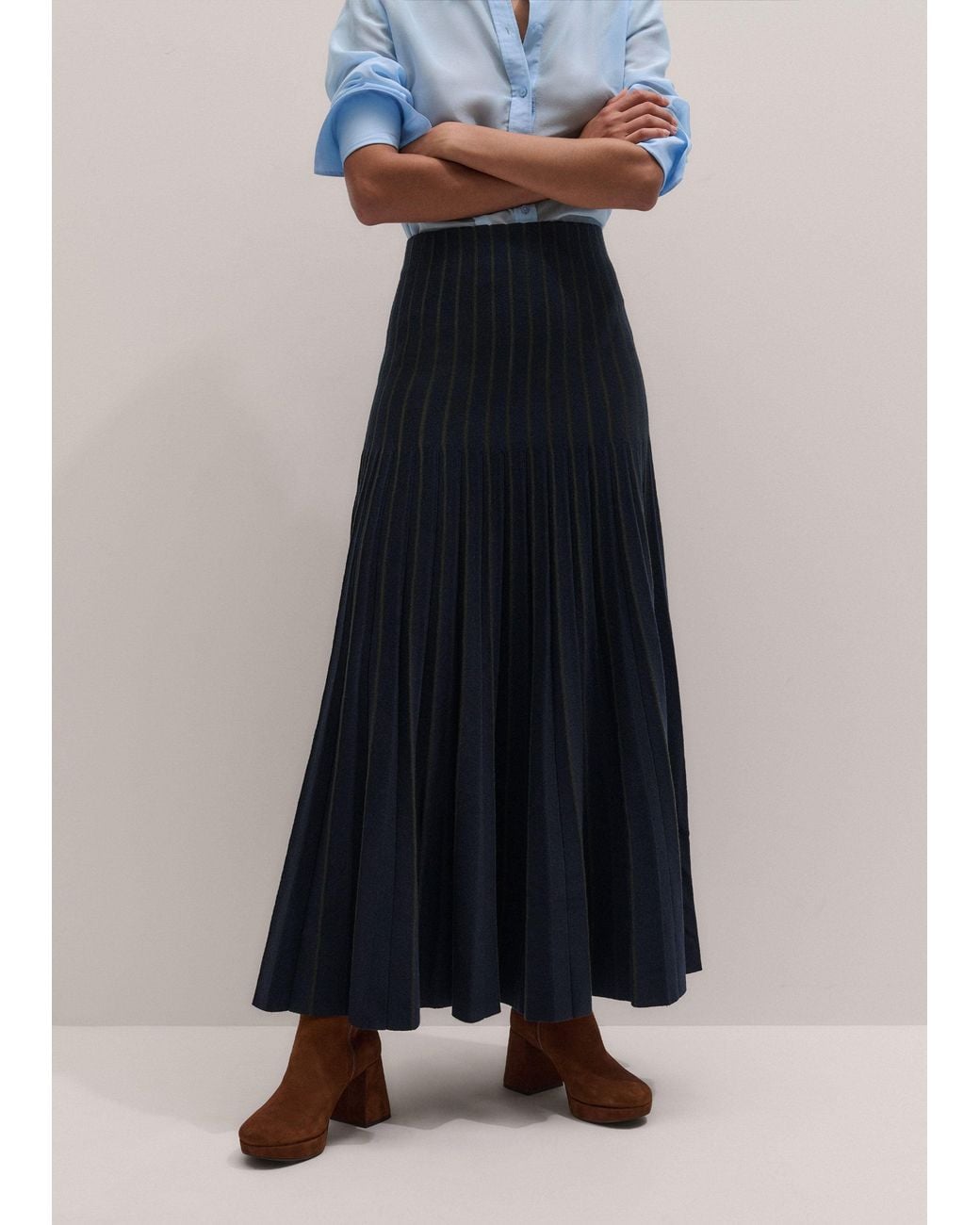 ME+EM Blue Merino Stripe Pleat Knit Maxi Skirt