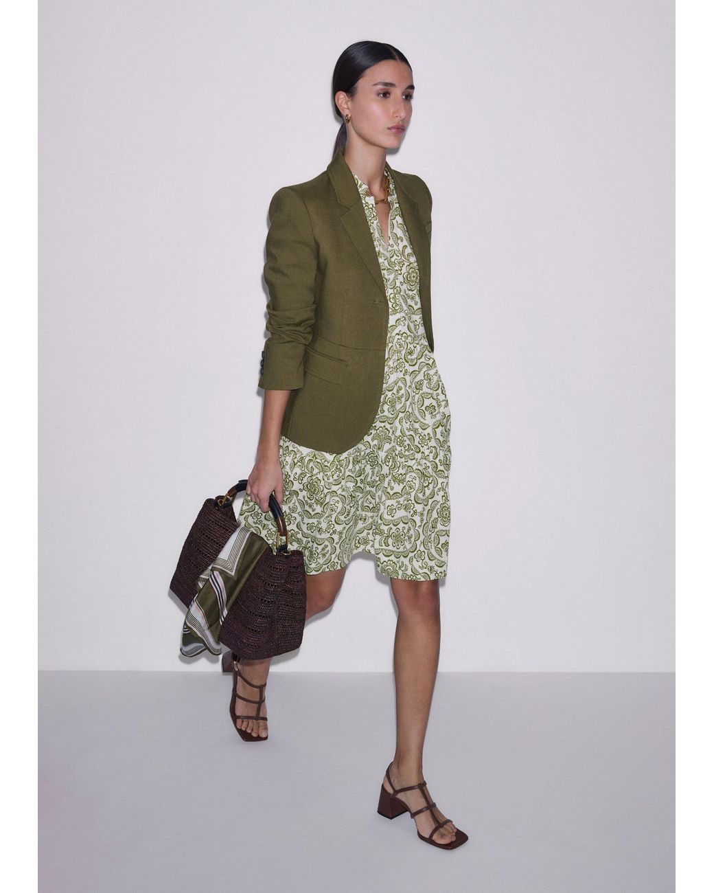 ME+EM Green Entangled Lace Print Tiered Short Dress