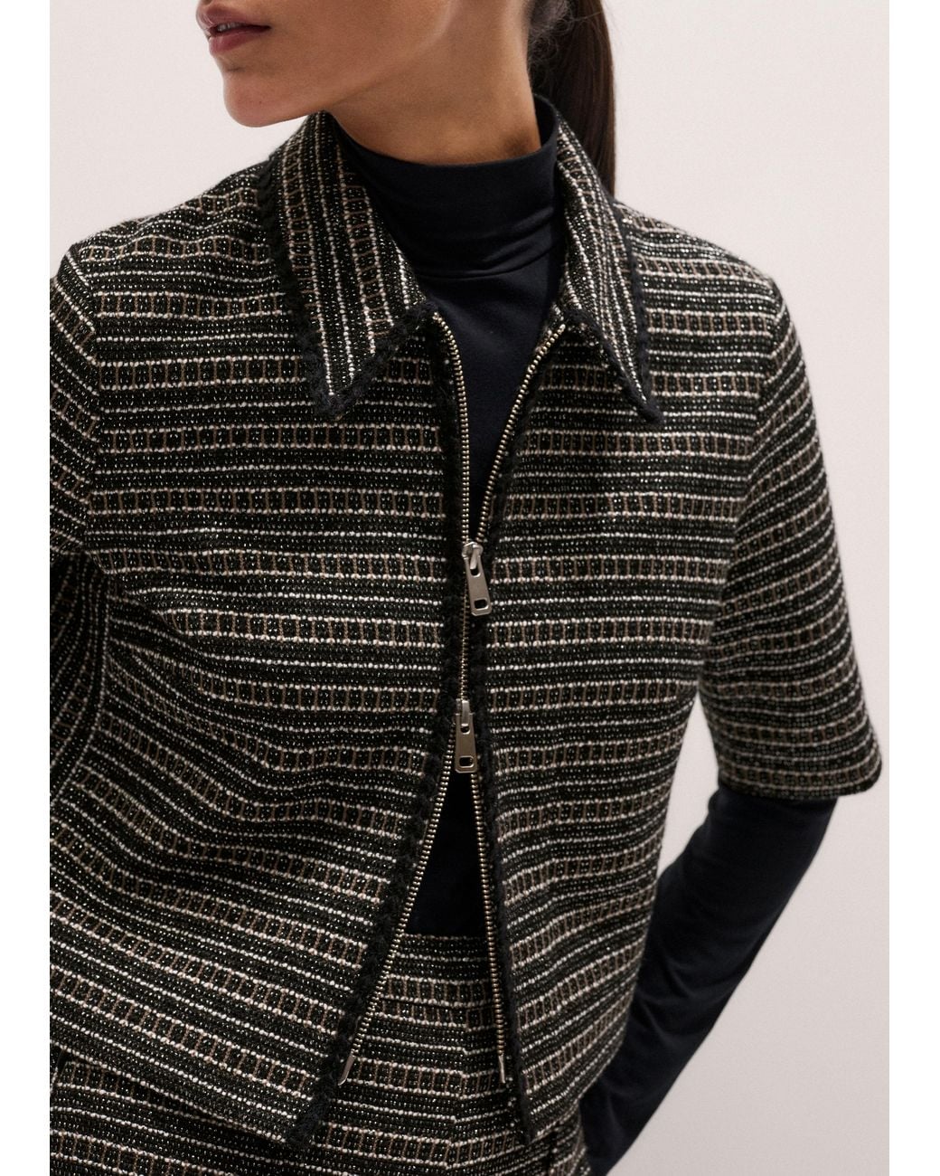 ME+EM Black Stripe Tweed Zip-Front Top