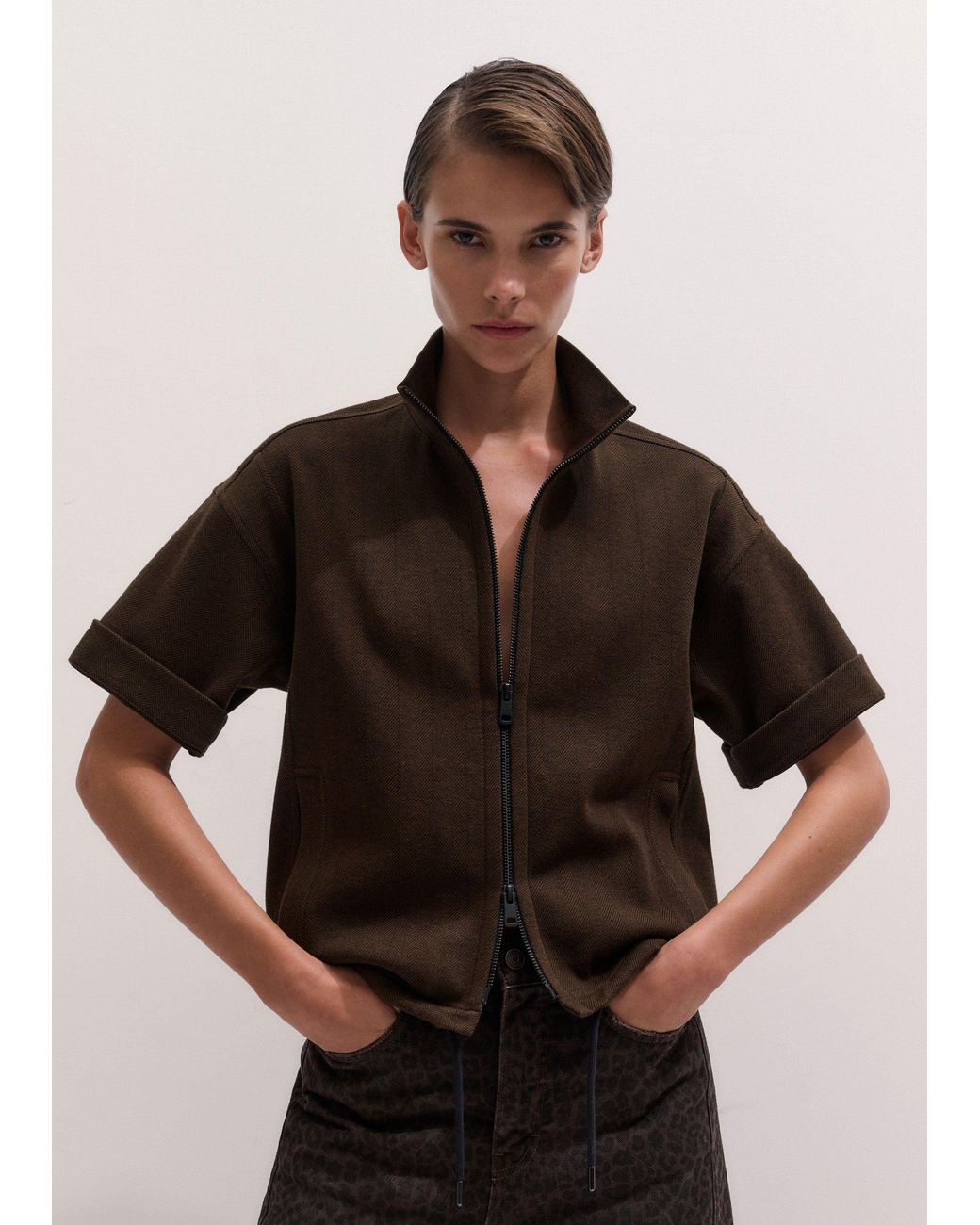 ME+EM Brown Relaxed Zip Through Top-Chocolate