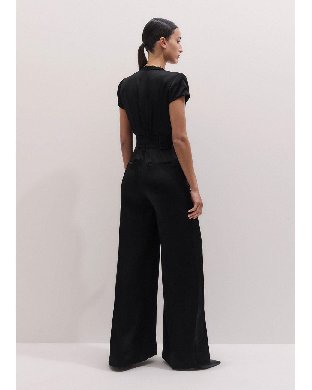 ME+EM White Satin Pintuck Detail Wide Leg Jumpsuit