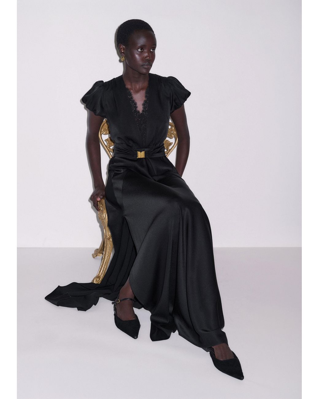 ME+EM Black Satin Draped Evening Full Length Dress + Modesty Panel