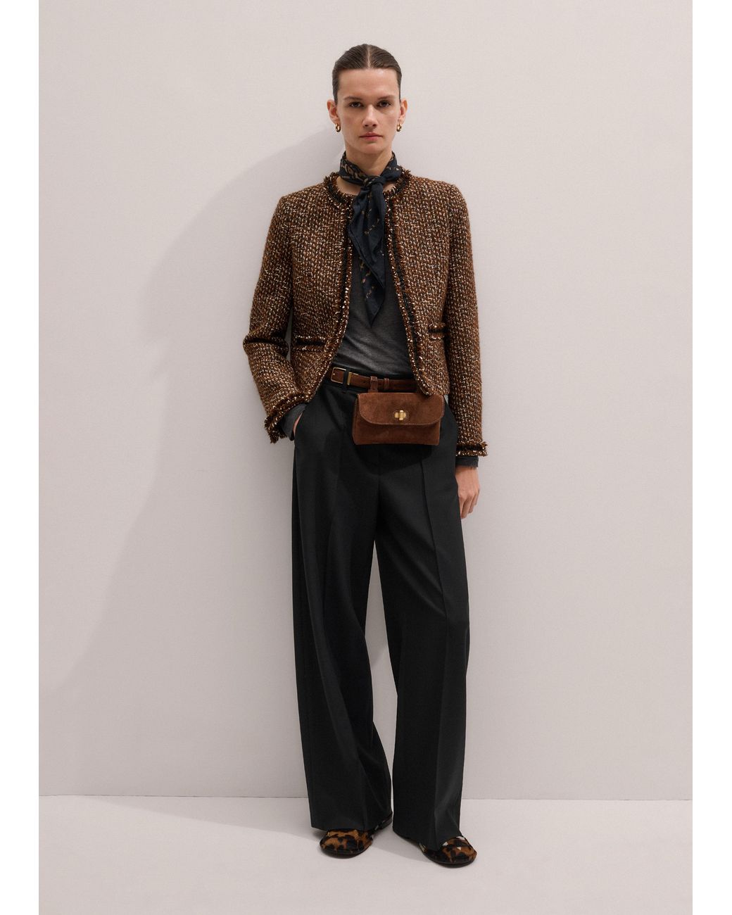 ME+EM Brown Slim Tweed Fringed Jacket