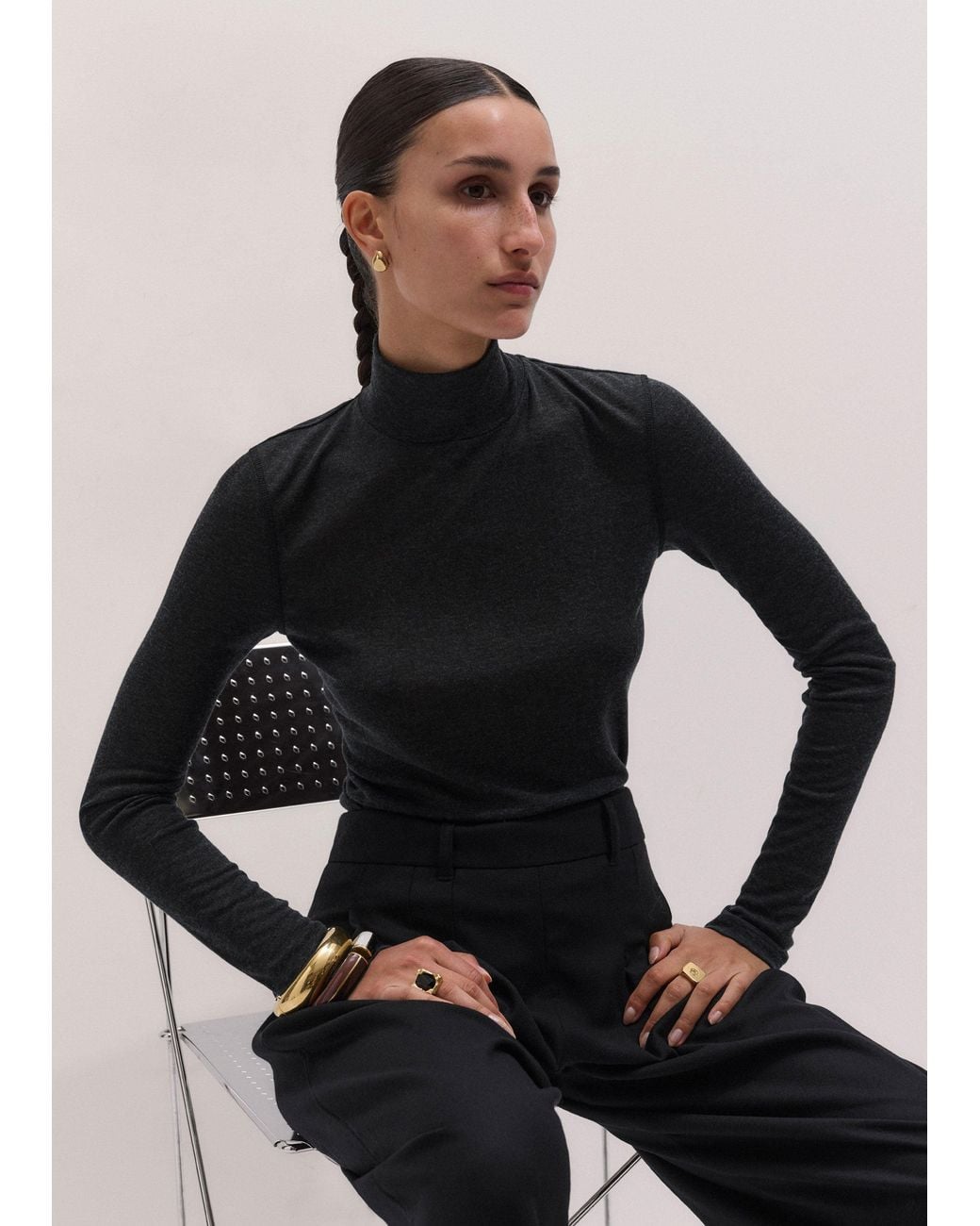 ME+EM Black Slim High Neck Layering Top Charcoal Melange