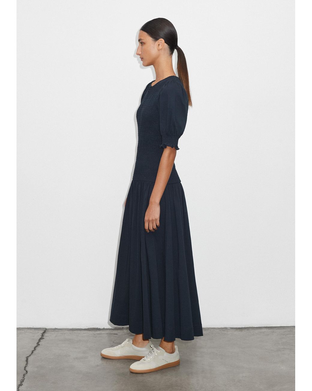me and em slub jersey maxi dress ME+EM Slub Jersey Smock Bodice Maxi Dress in Blue