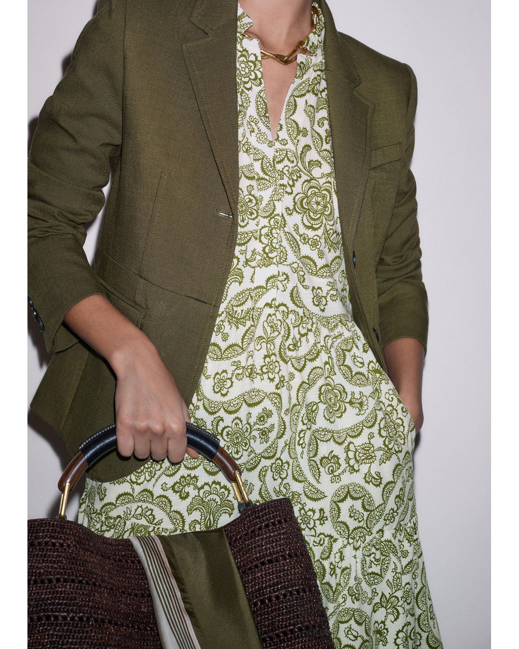 ME+EM Green Entangled Lace Print Tiered Short Dress