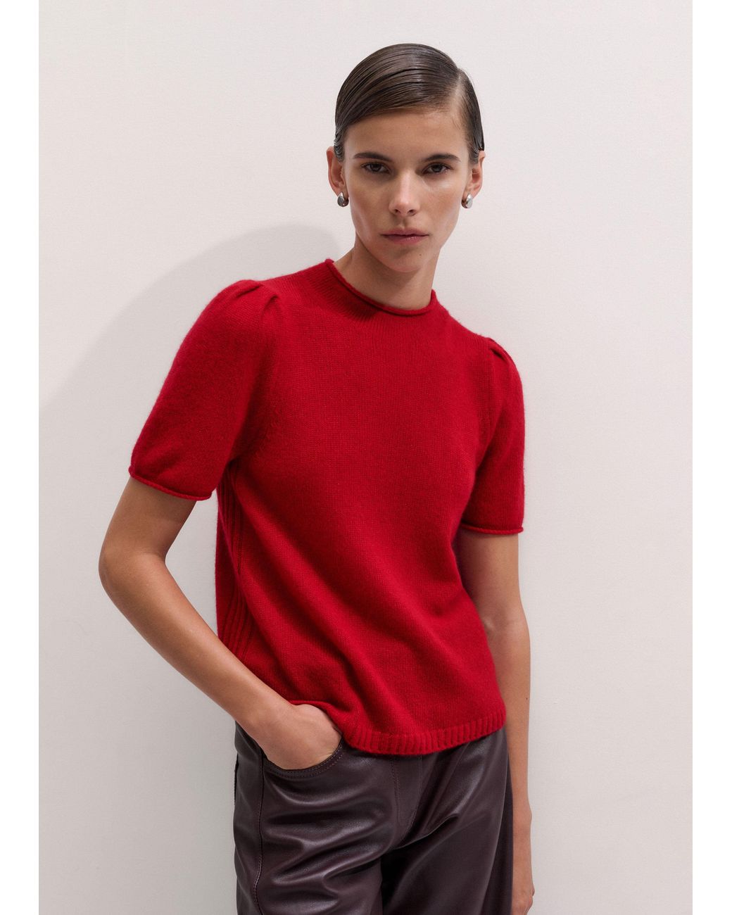 ME+EM Red Merino Cashmere Silk Pouf Sleeve Knit Tee