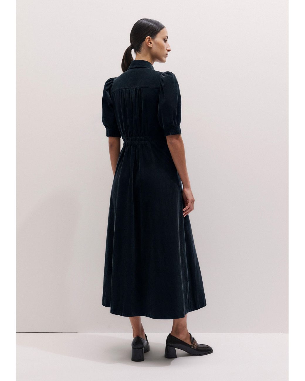 ME+EM Blue Cord Fit And Flare Maxi Shirt Dress + Tie