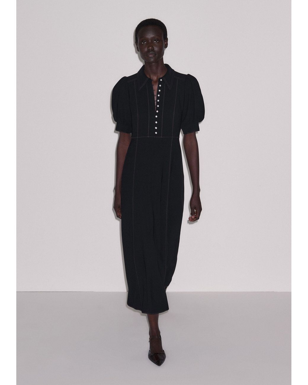 ME+EM Black Contrast Stitch Fit And Flare Midi Shirt Dress