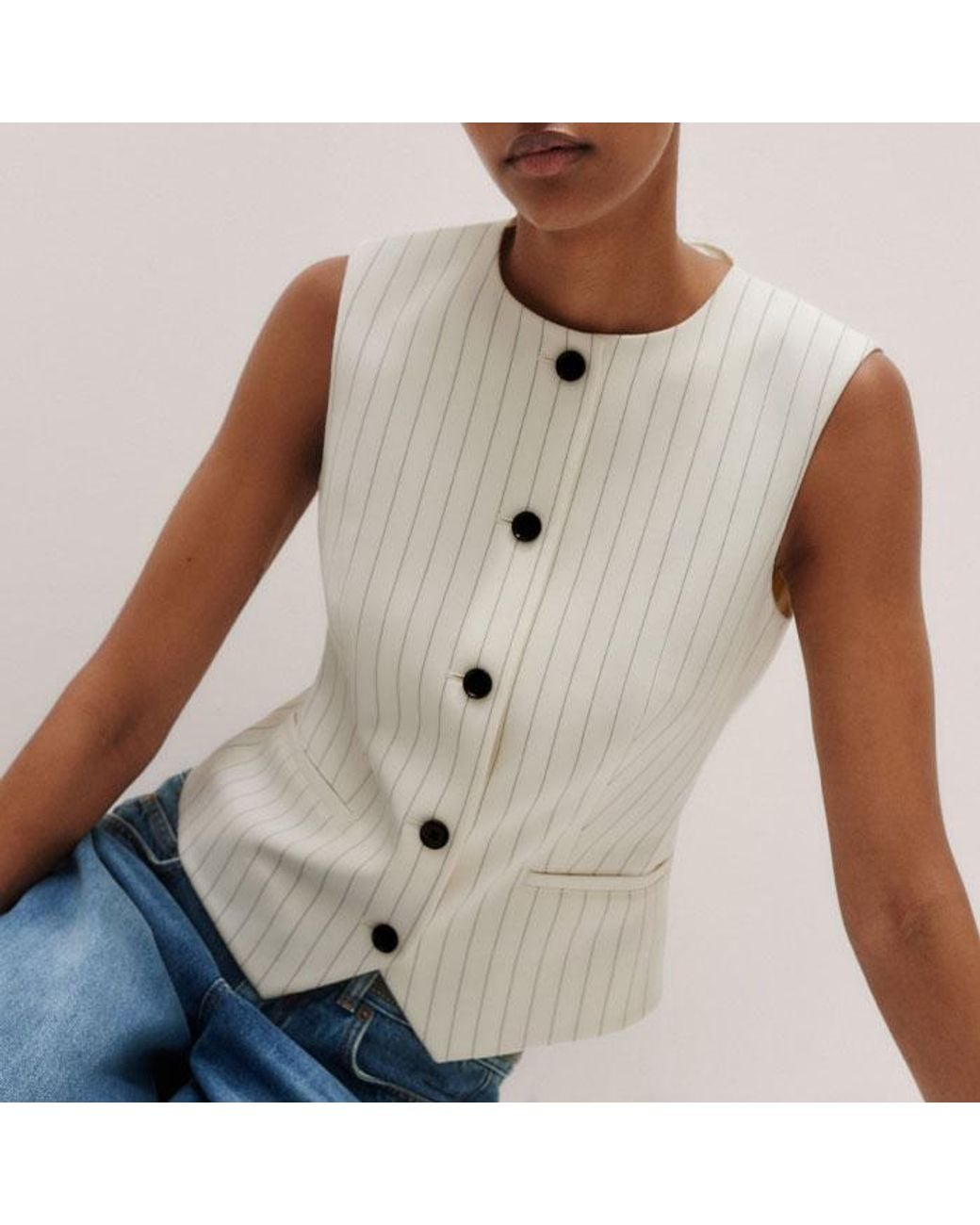 ME+EM Natural Round Neck Pinstripe Waistcoat