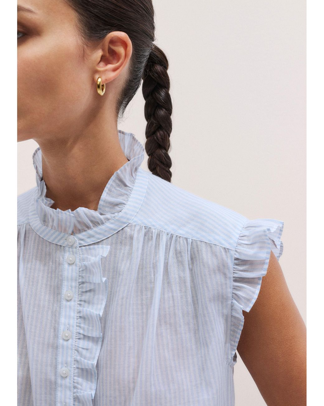 ME+EM Multicolor Cotton Voile Stripe Frill Sleeve Blouse