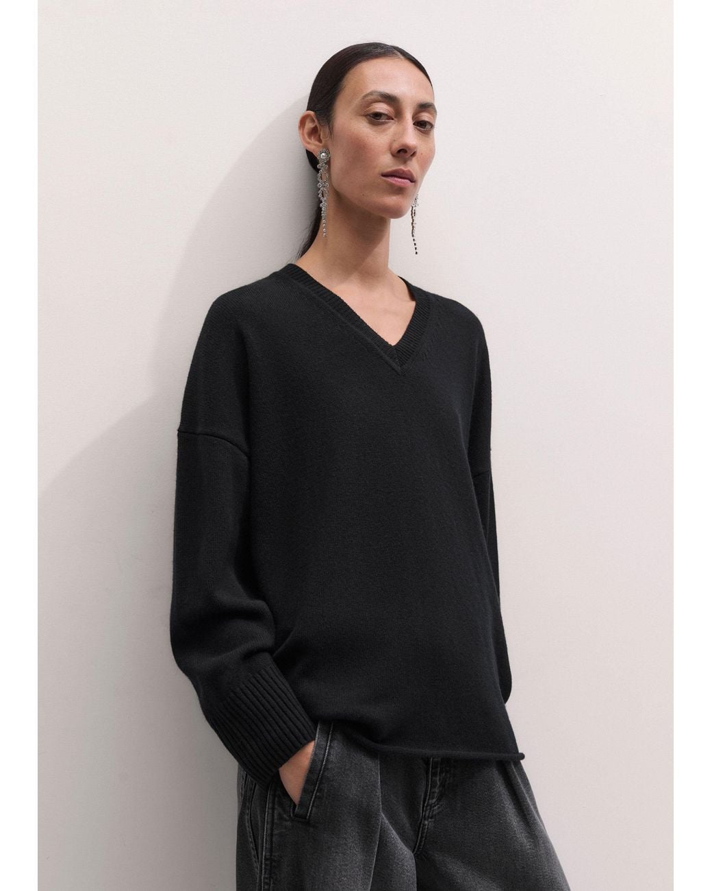 ME+EM Black Wool Cashmere V Neck Relaxed Jumper