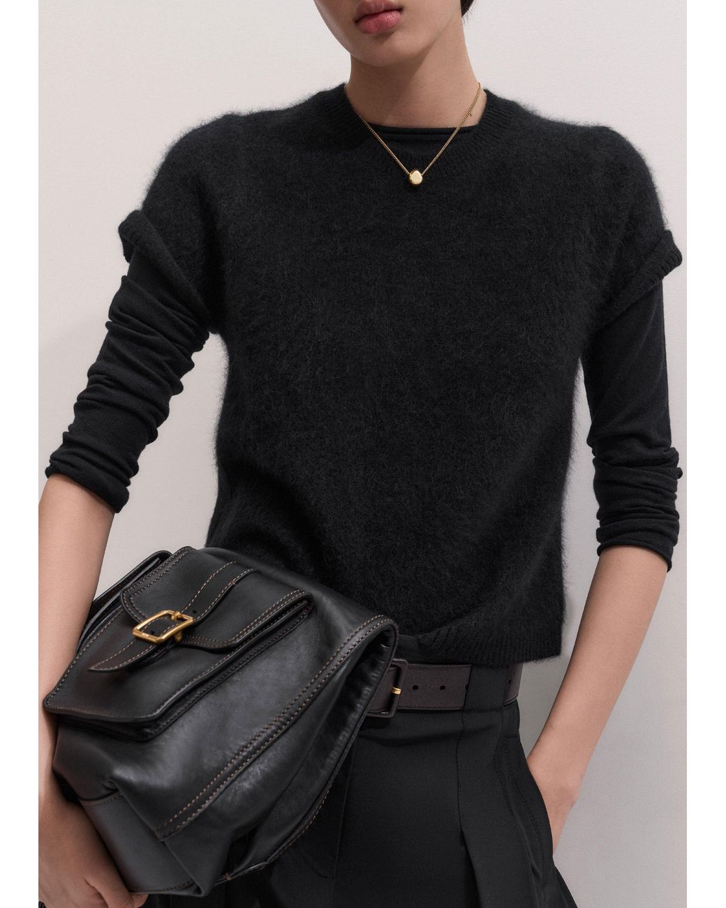 ME+EM Black Brushed Wool Shrunken Baby Tee
