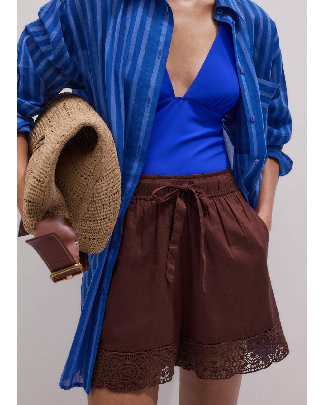 ME+EM Blue Cotton Lace Trim Shorts