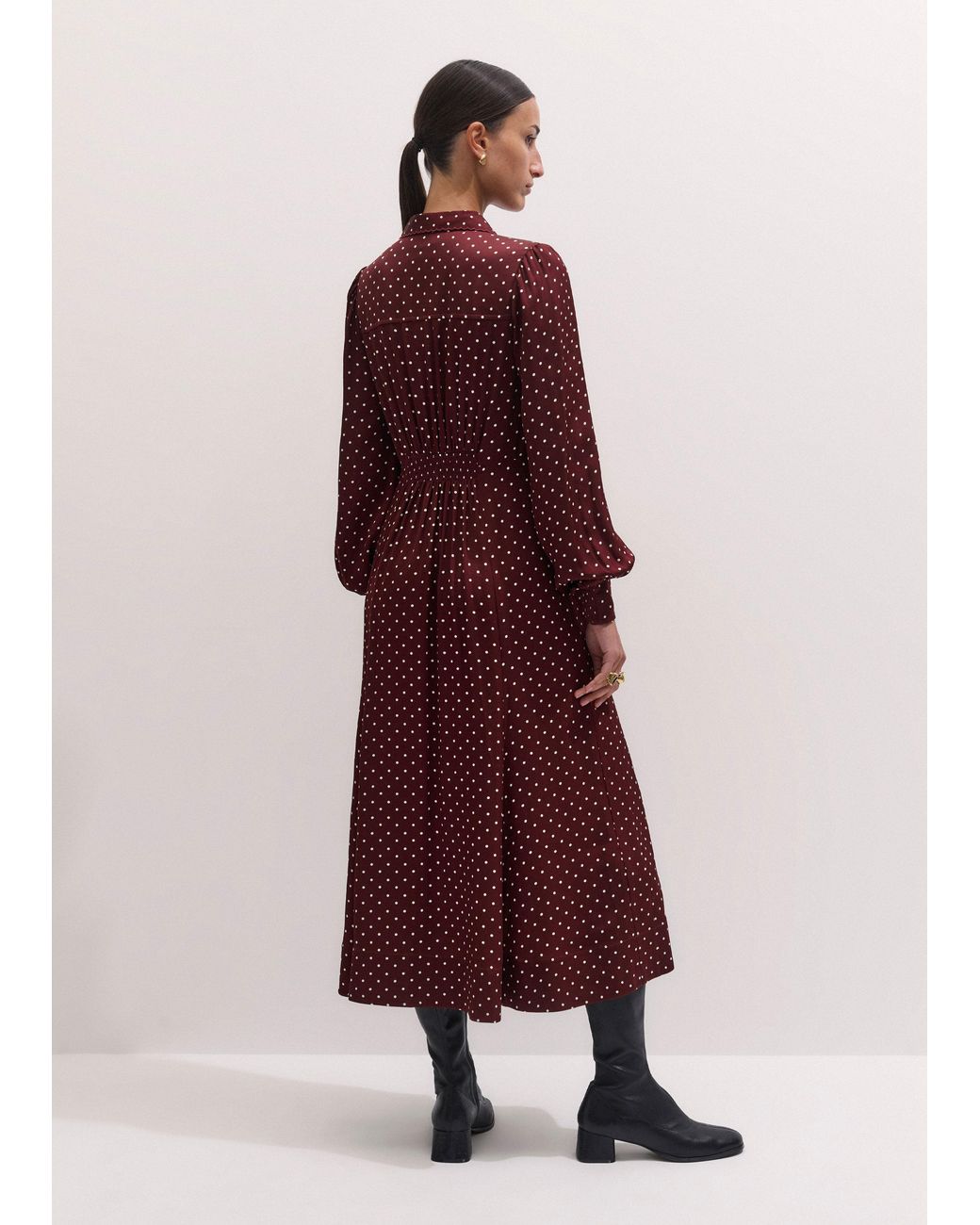 ME+EM Purple Winter Polka Dot Print Fit And Flare Midi Dress Wine-Cream