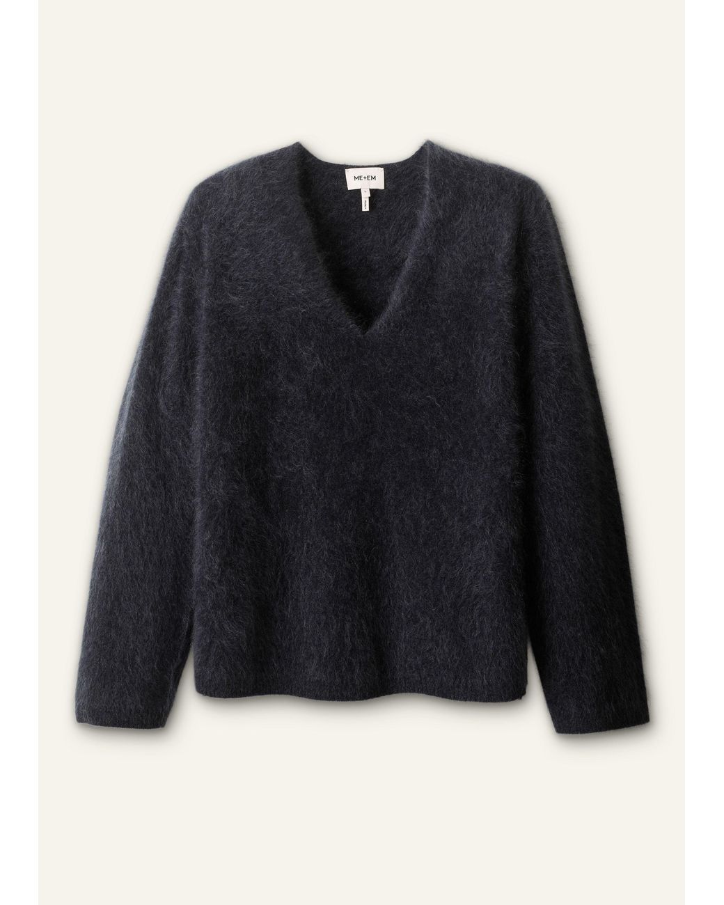 ME+EM Blue Brushed Cashmere Relaxed V Neck Jumper Charcoal Melange