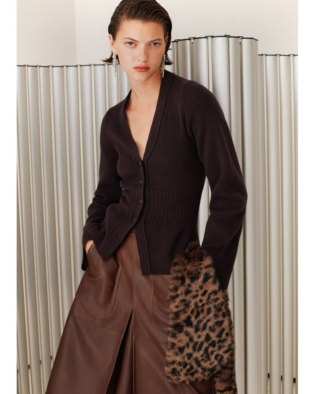 ME+EM Brown Merino Cashmere Waisted Cardigan