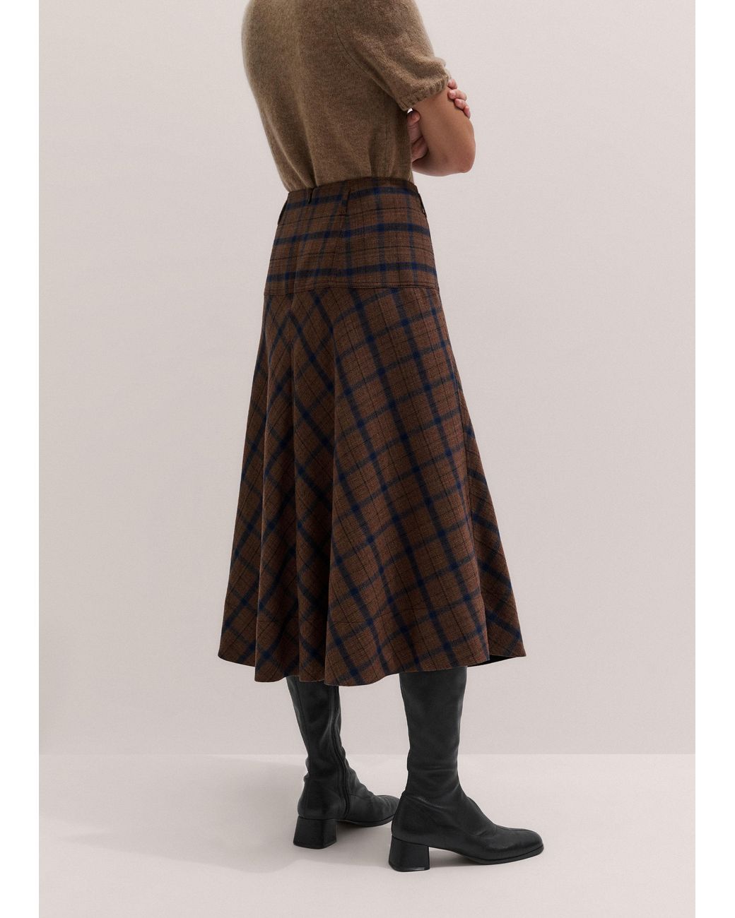 ME+EM Brown Check Fit And Flare Midi Skirt