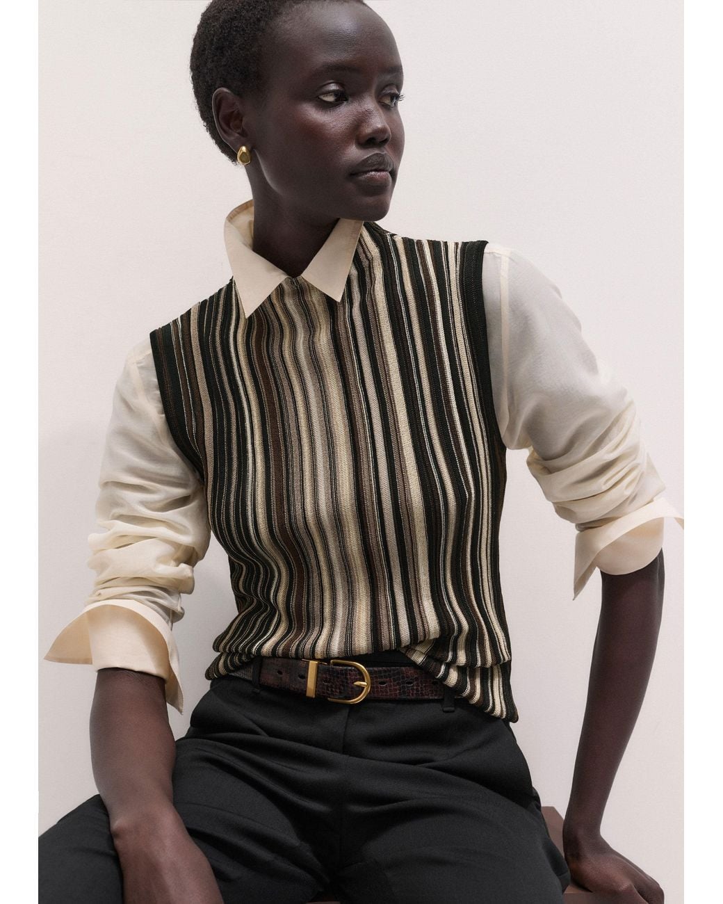 ME+EM Black Fine Metallic Stripe Slim Knit Top