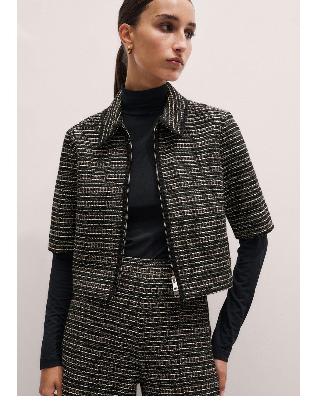 ME+EM Black Stripe Tweed Zip-Front Top