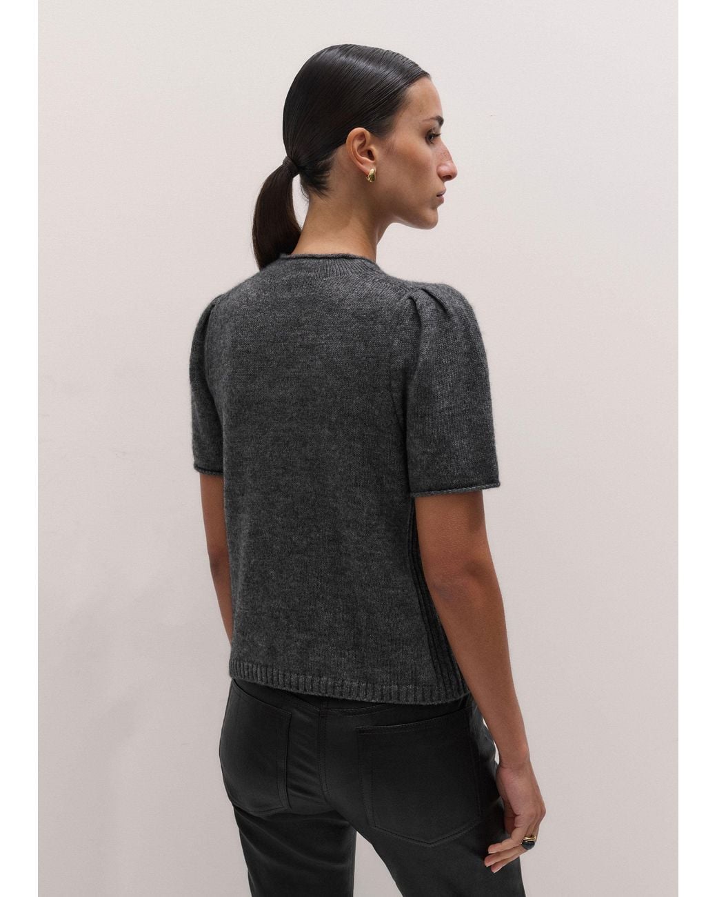 ME+EM Gray Merino Cashmere Silk Pouf Sleeve Knit Tee Mid Melange