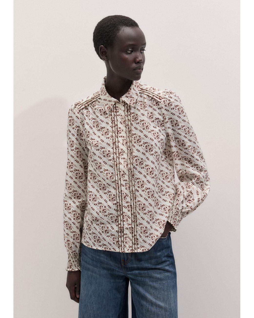 ME+EM Brown Diagonal Floral Print Silk Cotton Blouse