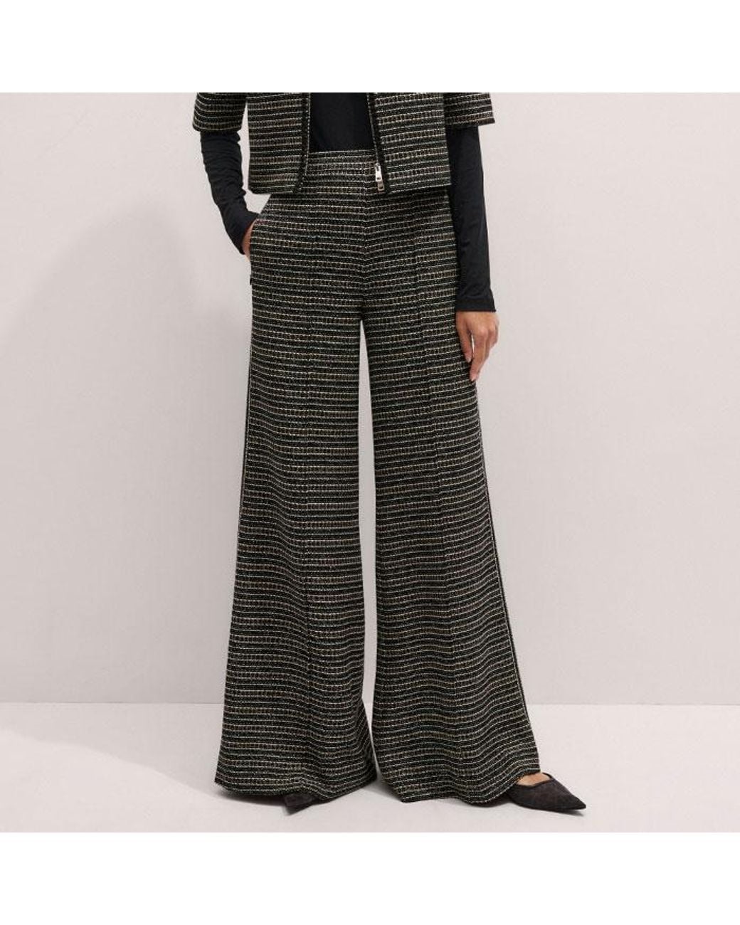 ME+EM Black Stripe Tweed Zip-Front Top