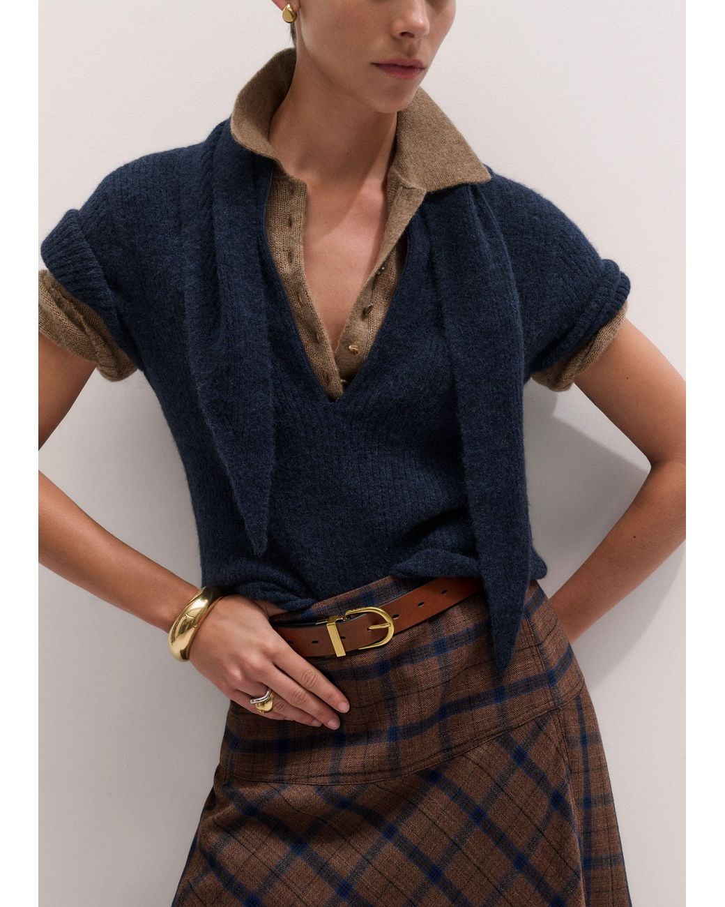 ME+EM Brown Merino Cashmere Silk Pouf Sleeve Knit Tee