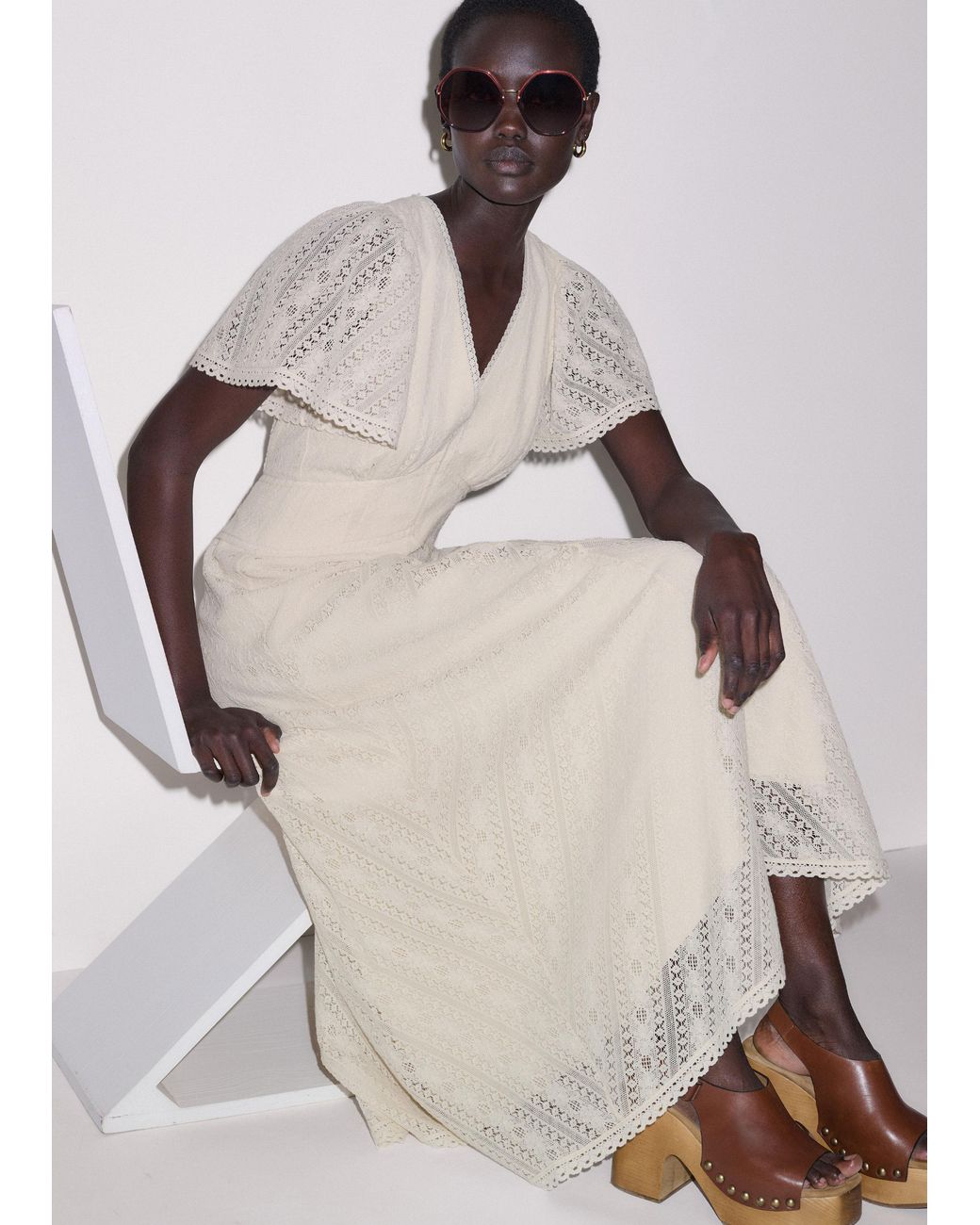 ME+EM Natural Delicate Lace Fit And Flare Maxi Dress