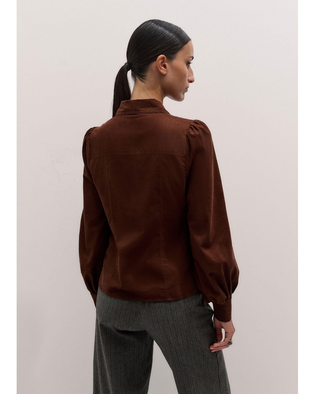 ME+EM Brown Babycord Balloon Sleeve Blouse
