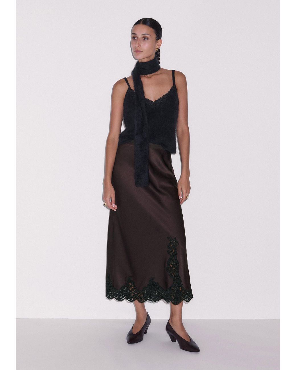 ME+EM Multicolor Satin Lace Maxi Skirt Dark Chocolate
