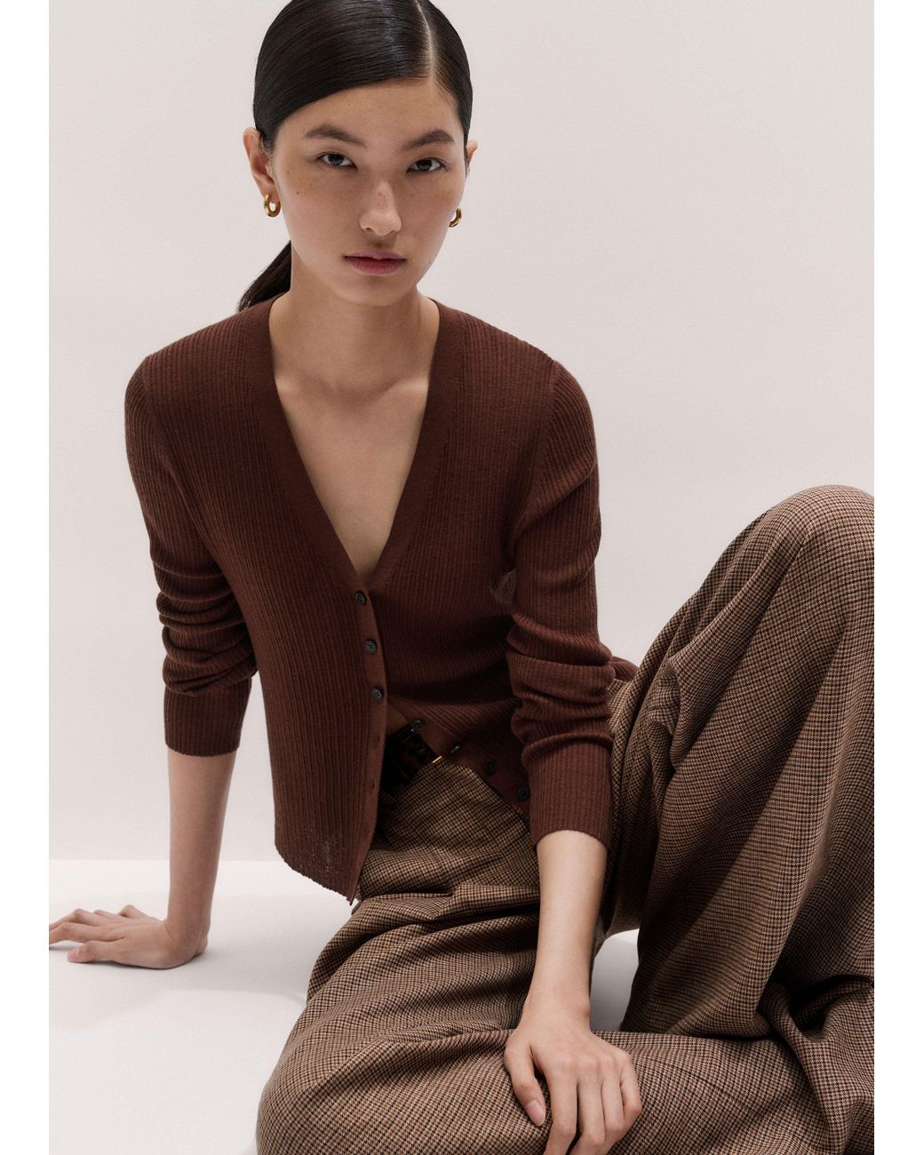 ME+EM Brown Barely There V Neck Slim Cardigan